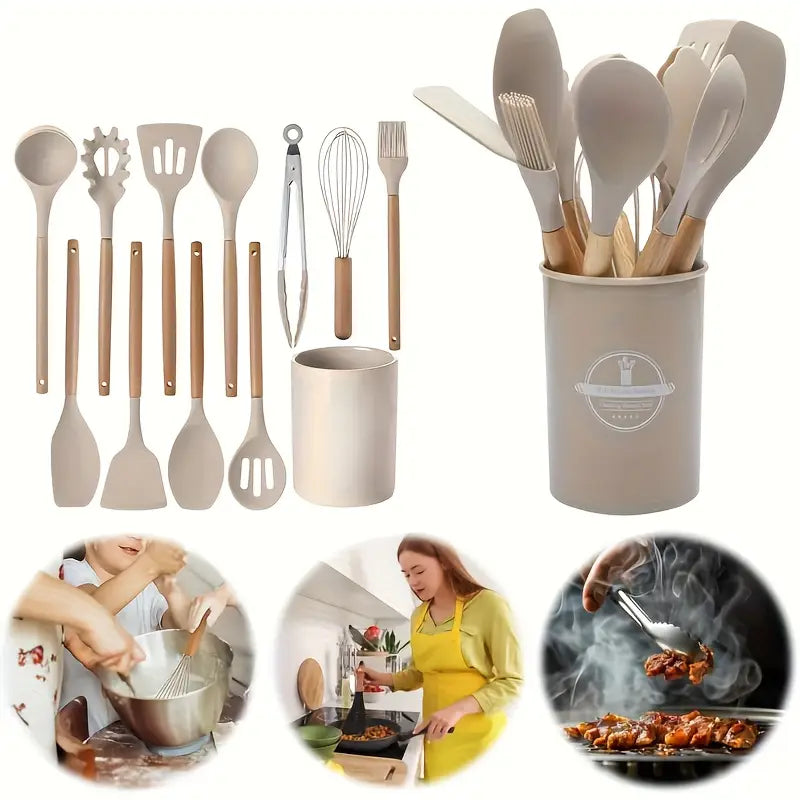 Conjunto de Utensílios de Cozinha em Silicone Antiaderente – 12 Peças com Balde