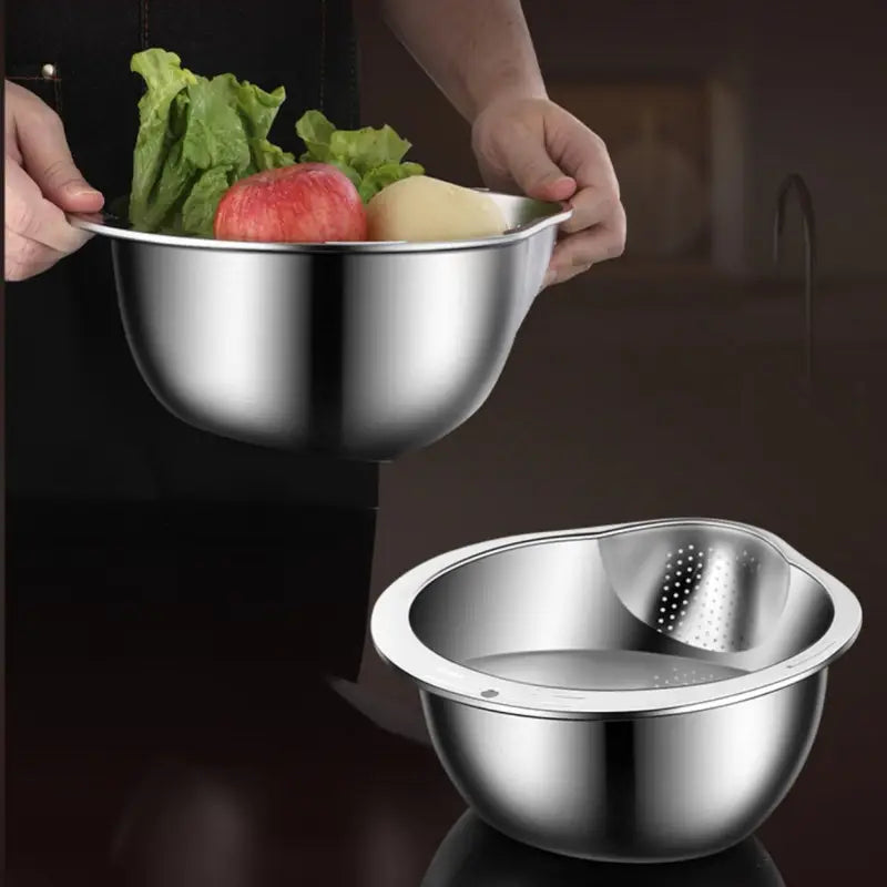 Tigela Escorredora em Aço Inox 2 em 1 – Lavar, Drenar e Preparar Alimentos com Praticidade