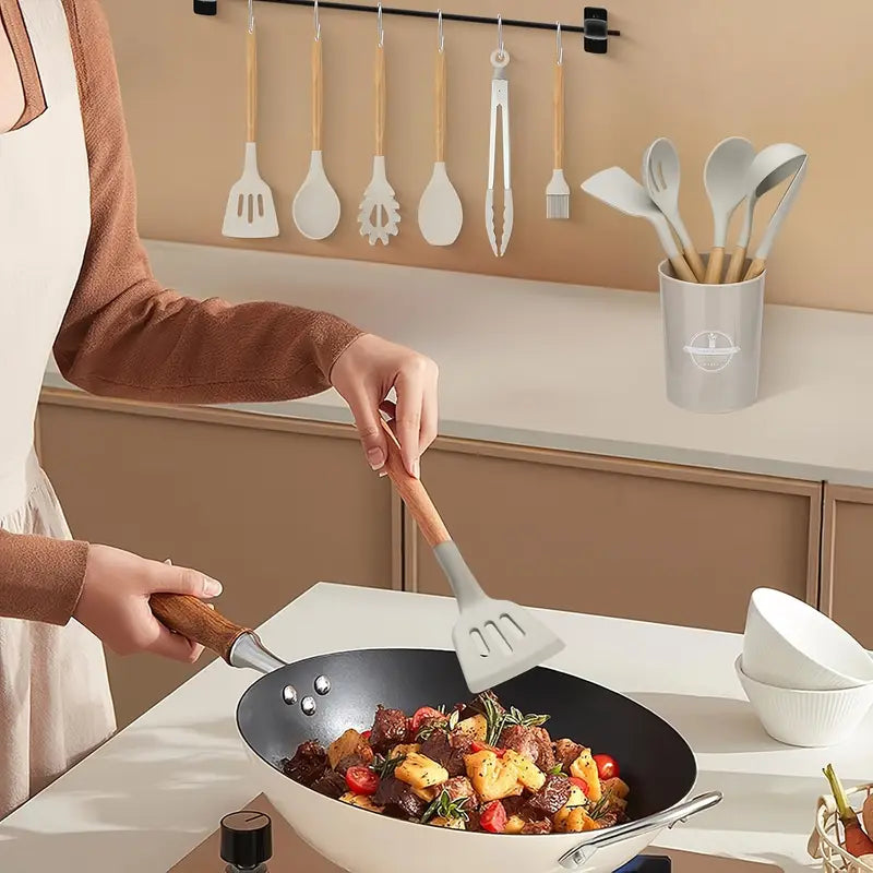 Conjunto de Utensílios de Cozinha em Silicone Antiaderente – 12 Peças com Balde
