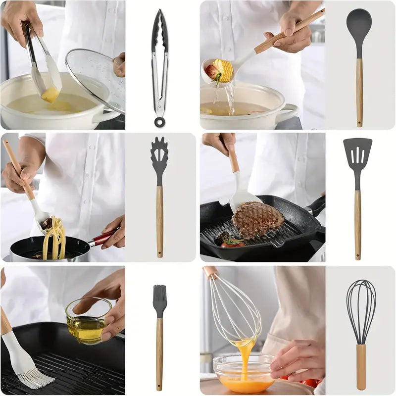 Conjunto de Utensílios de Cozinha em Silicone Antiaderente – 12 Peças com Balde