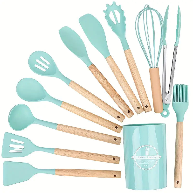 Conjunto de Utensílios de Cozinha em Silicone Antiaderente – 12 Peças com Balde