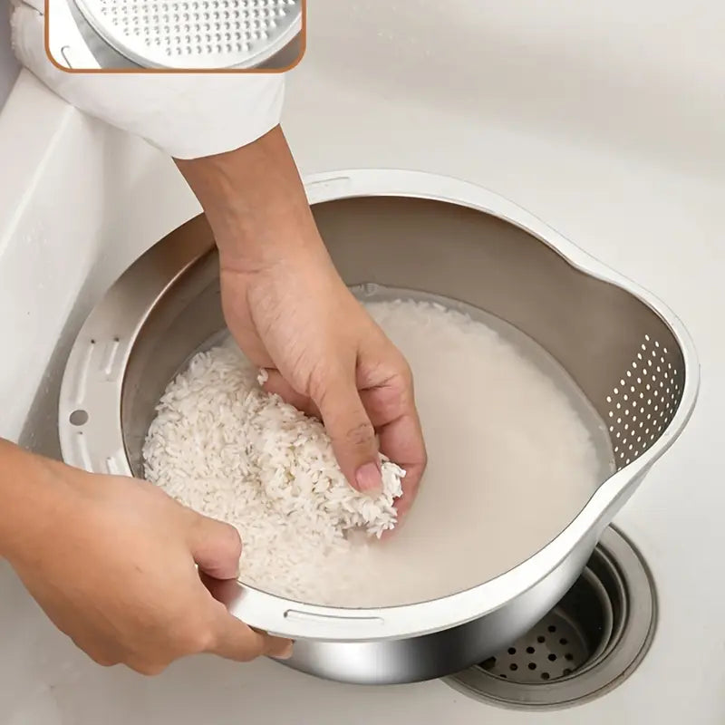 Tigela Escorredora em Aço Inox 2 em 1 – Lavar, Drenar e Preparar Alimentos com Praticidade