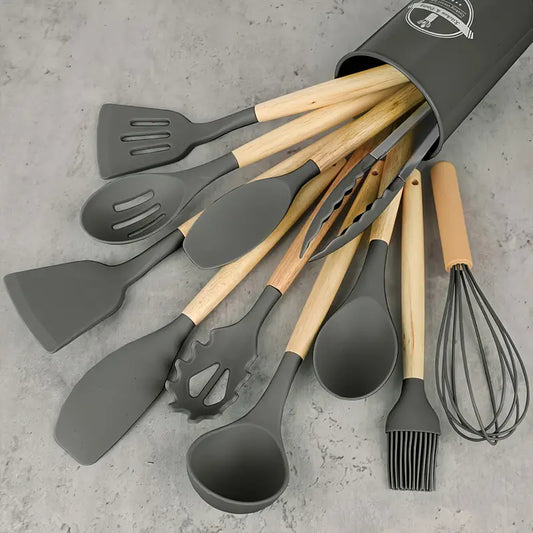 Conjunto de Utensílios de Cozinha em Silicone Antiaderente – 12 Peças com Balde