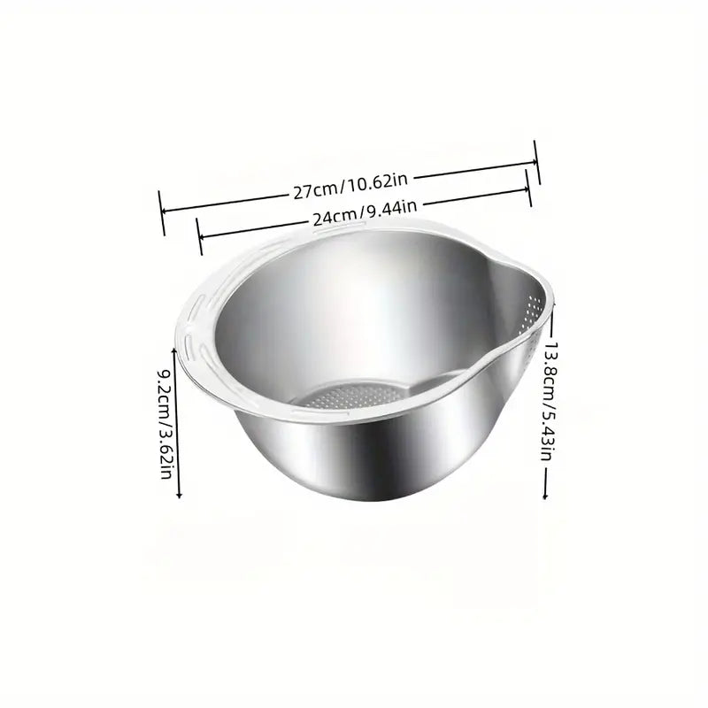 Tigela Escorredora em Aço Inox 2 em 1 – Lavar, Drenar e Preparar Alimentos com Praticidade