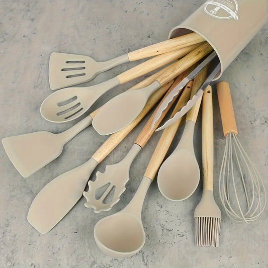 Conjunto de Utensílios de Cozinha em Silicone Antiaderente – 12 Peças com Balde