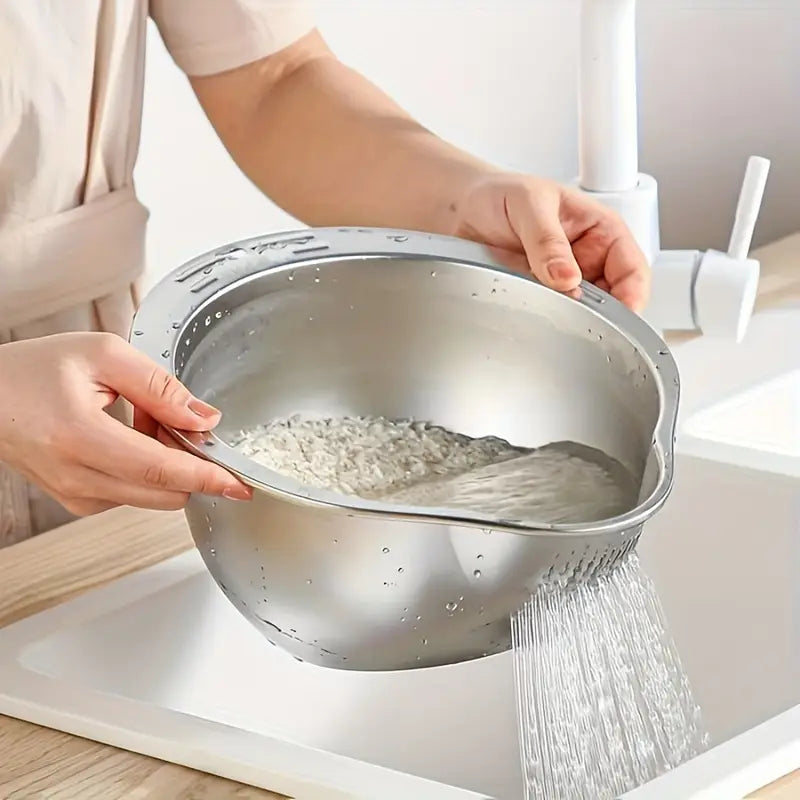 Tigela Escorredora em Aço Inox 2 em 1 – Lavar, Drenar e Preparar Alimentos com Praticidade