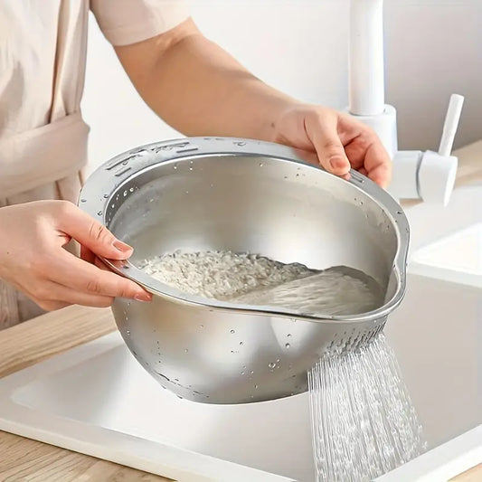 Tigela Escorredora em Aço Inox 2 em 1 – Lavar, Drenar e Preparar Alimentos com Praticidade